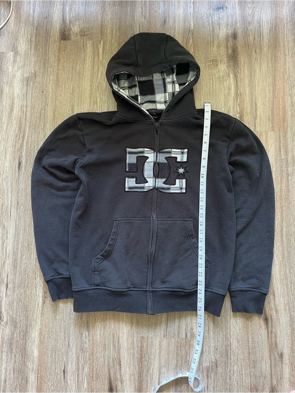 DC Black Zip-Up Hoodie with Gray Plaid Lining